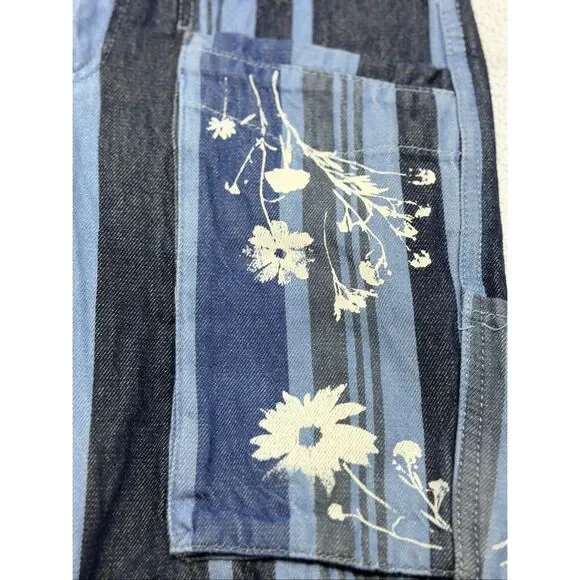 We the Free Free People Women's XS Black Blue Striped Cropped Floral Jeans - Picture 1 of 9